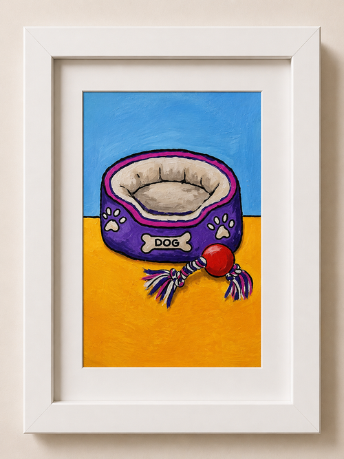 Cheeky Dog Bed – Original 4x6 Painting | 100 Lil Cheeky Paintings #11