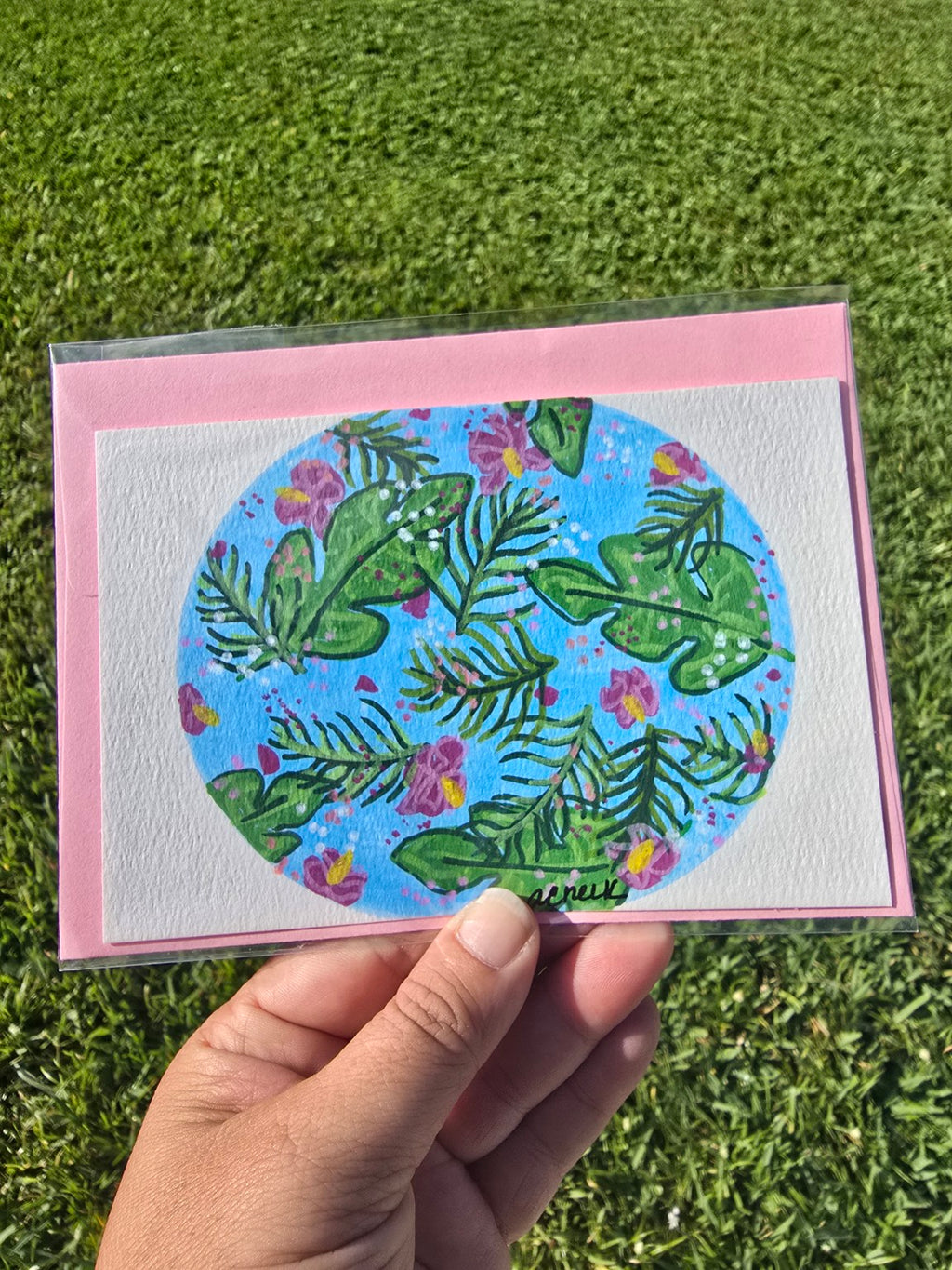 Hand-Painted Tropical Leaves & Floral Greeting Card