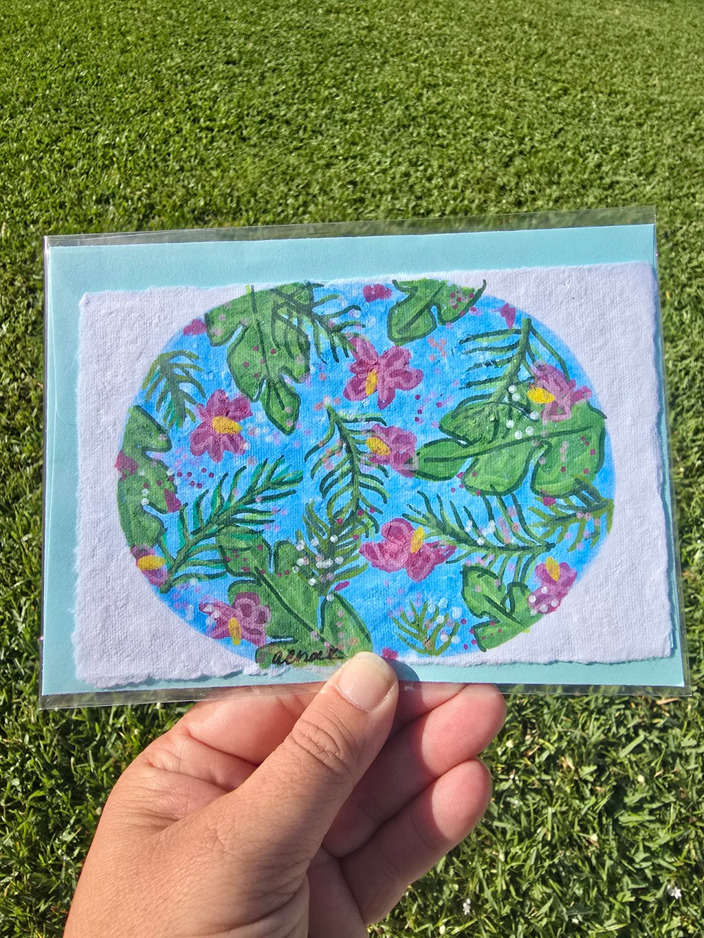 Hand-Painted Tropical Leaves & Floral Greeting Card