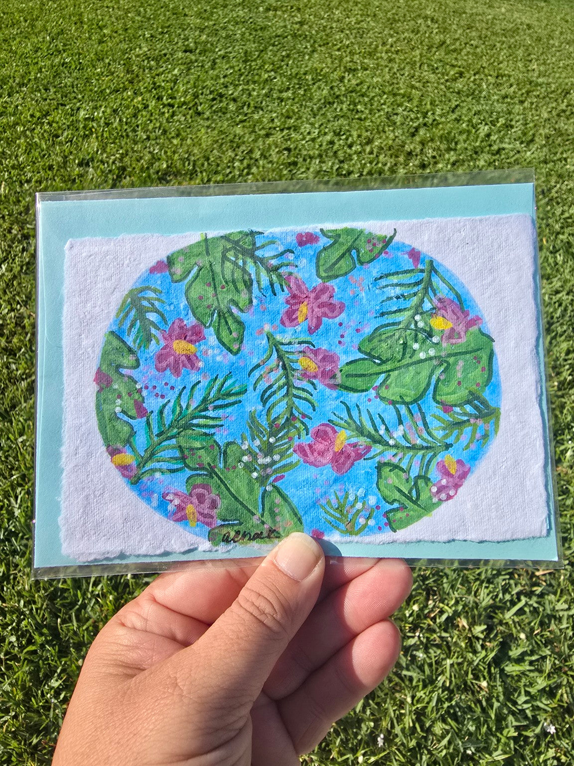 Hand-Painted Tropical Leaves & Floral Greeting Card