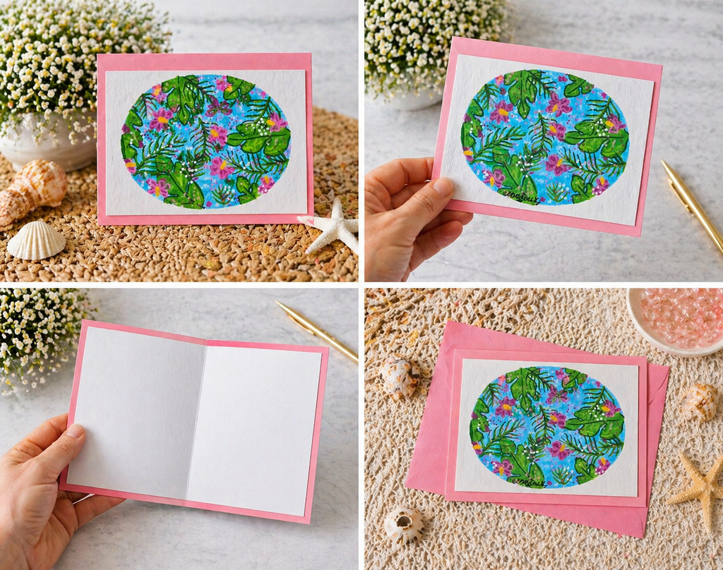 Hand-Painted Tropical Leaves & Floral Greeting Card