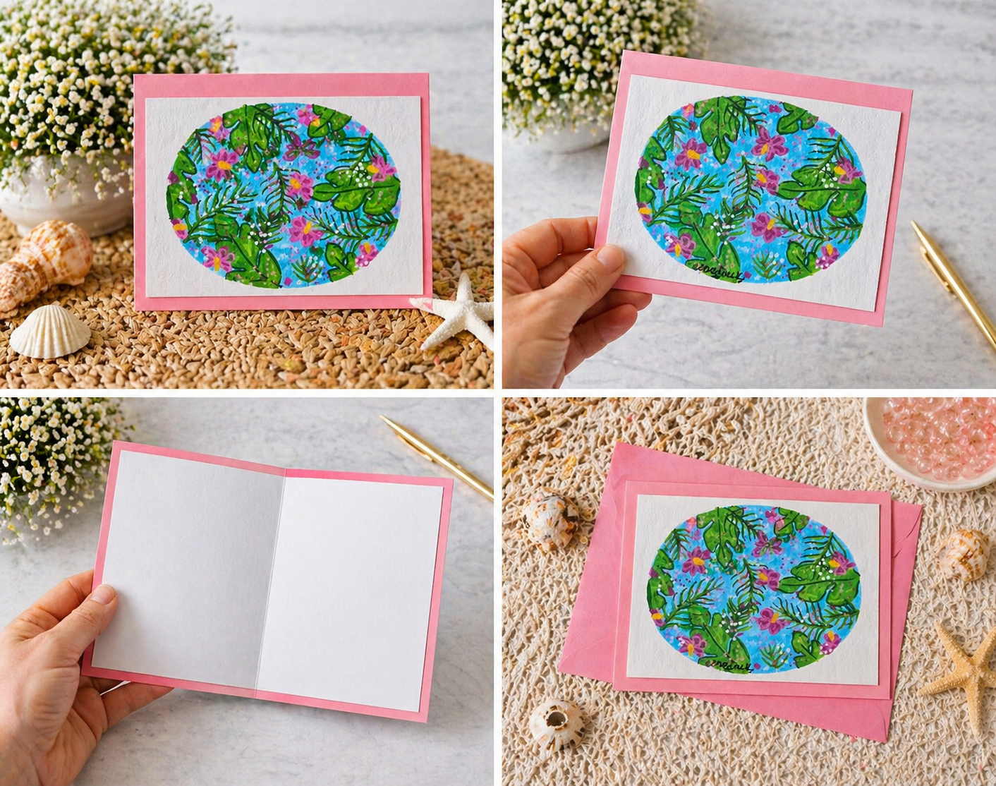 Hand-Painted Tropical Leaves & Floral Greeting Card