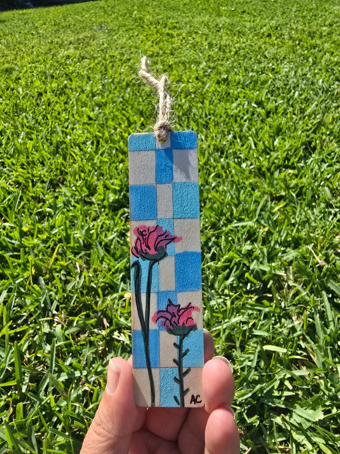 Hand-Painted Floral on Wood - Blue Checkered