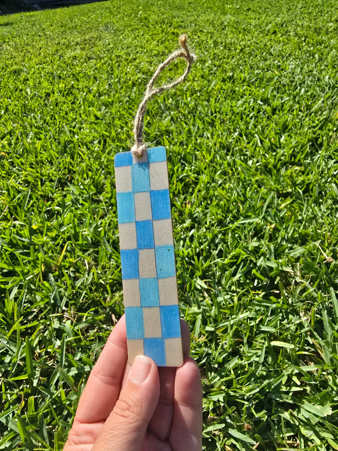 Hand-Painted Floral on Wood - Blue Checkered