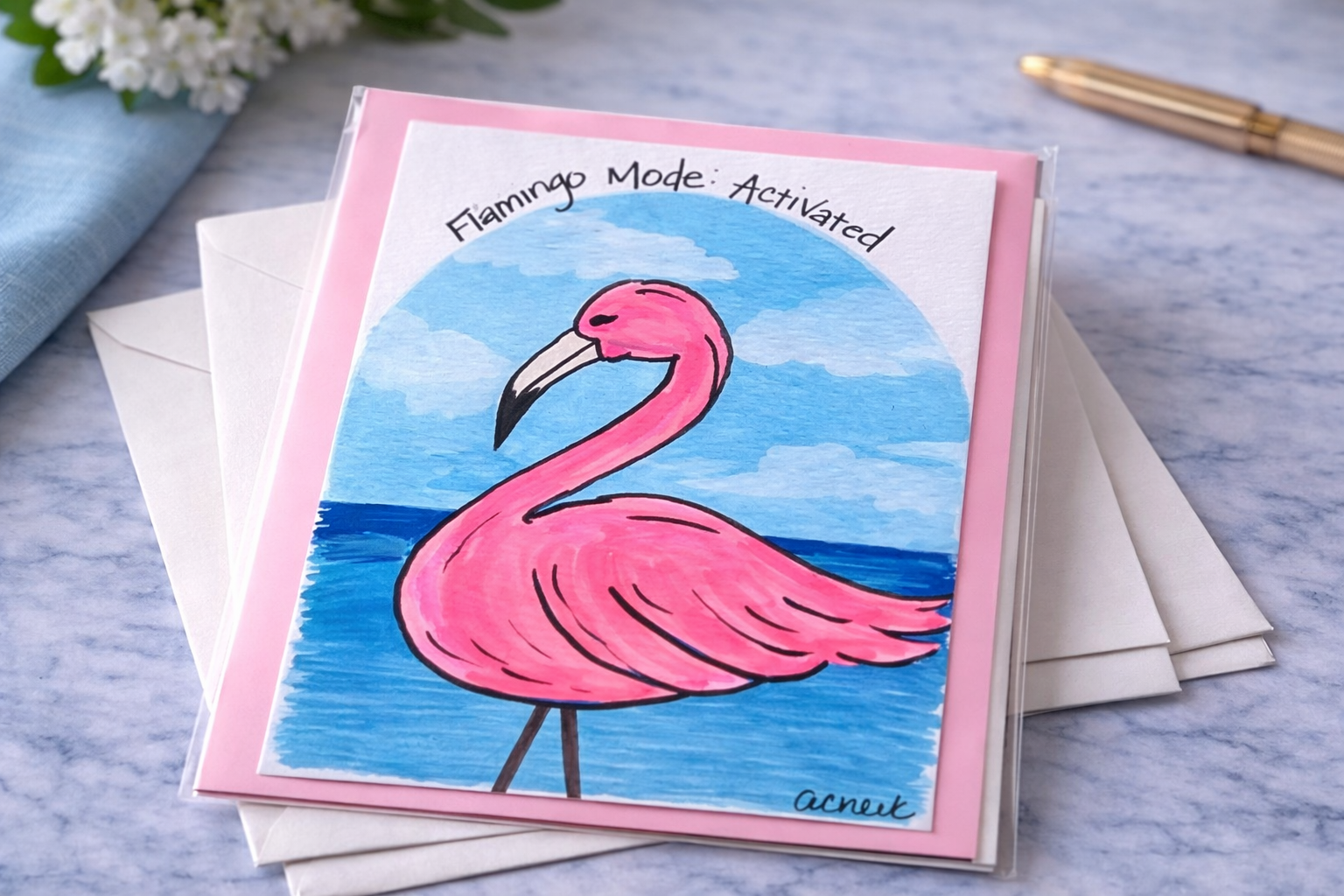 Hand-Painted Greeting Card - Flamingo Mode