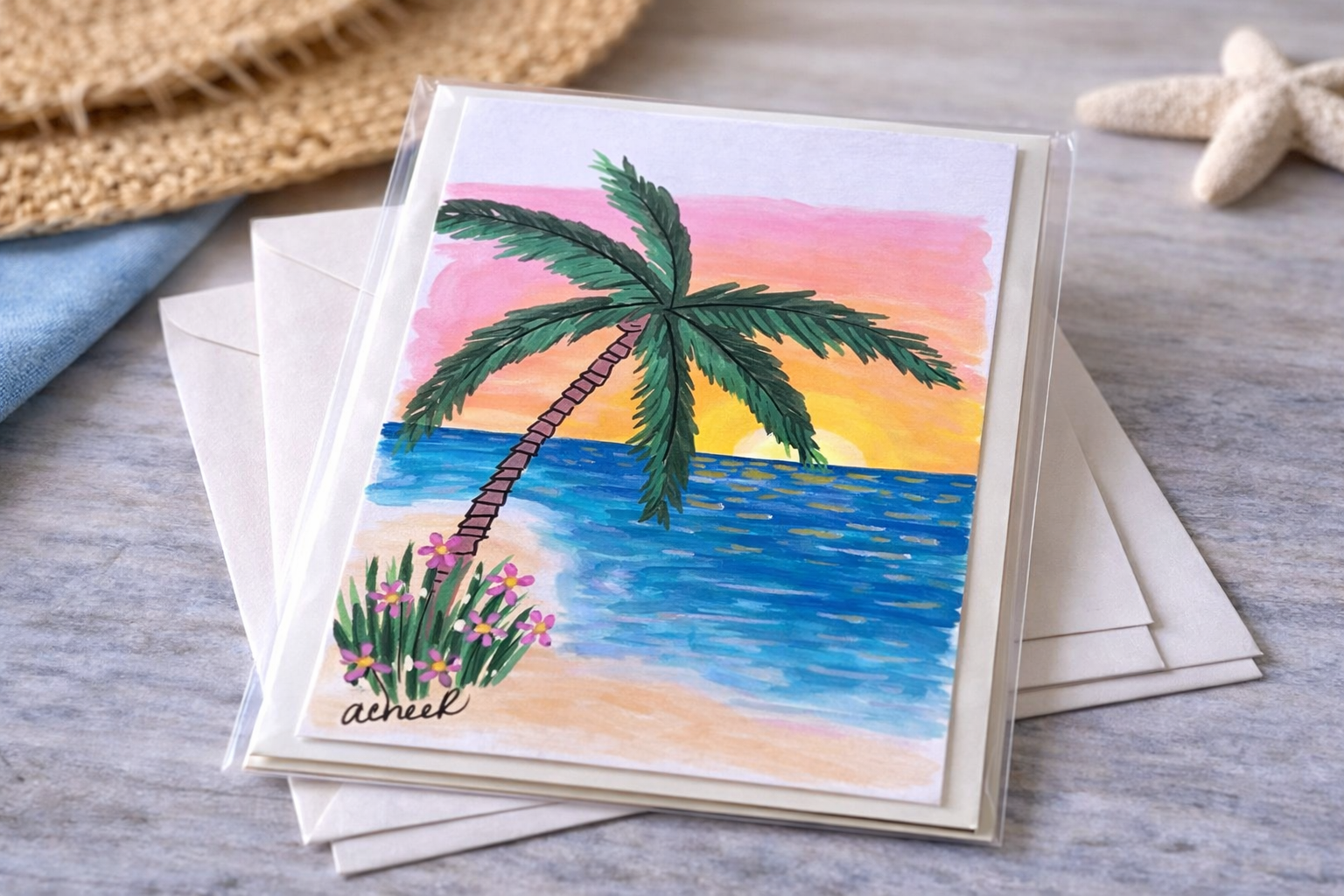 Hand-Painted Greeting Card - Golden Hour Palm
