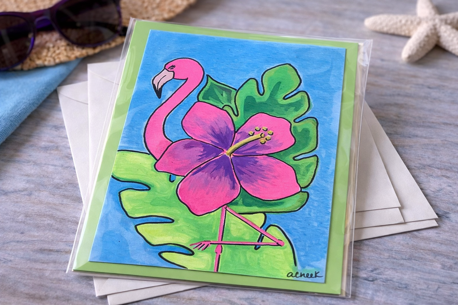 Hand-Painted Greeting Card - Flamingo Bloom
