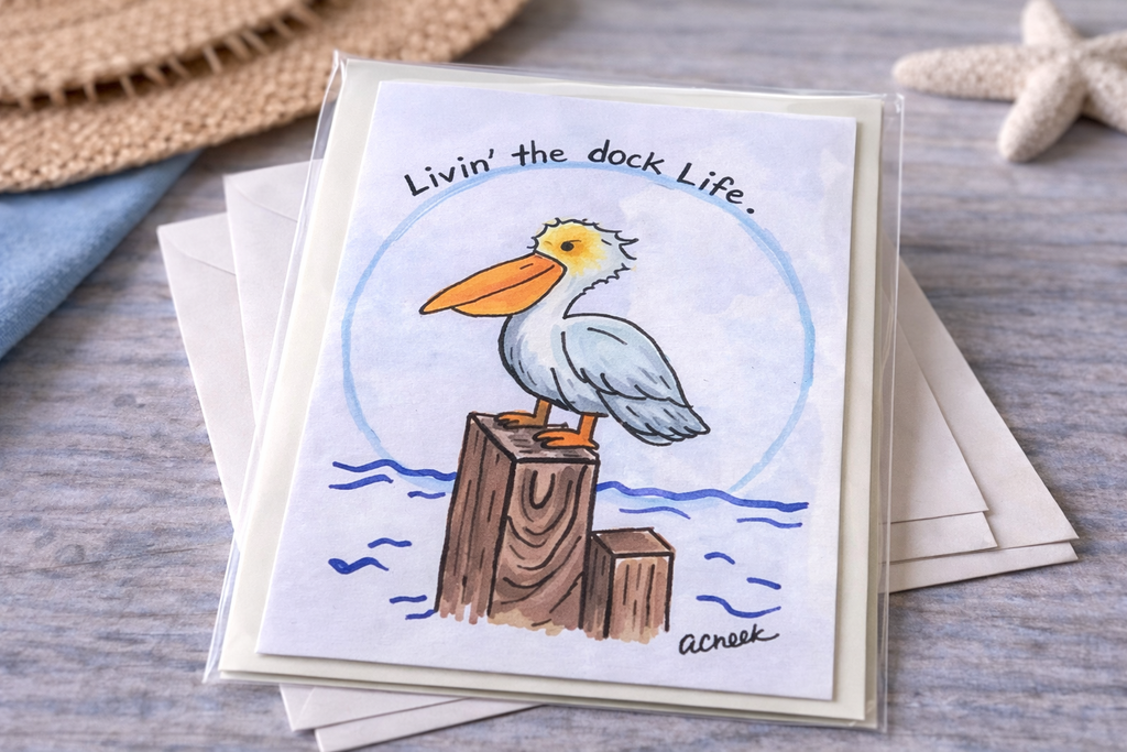 Hand-Painted Greeting Card - Livin' the dock life - Coastal Pelican