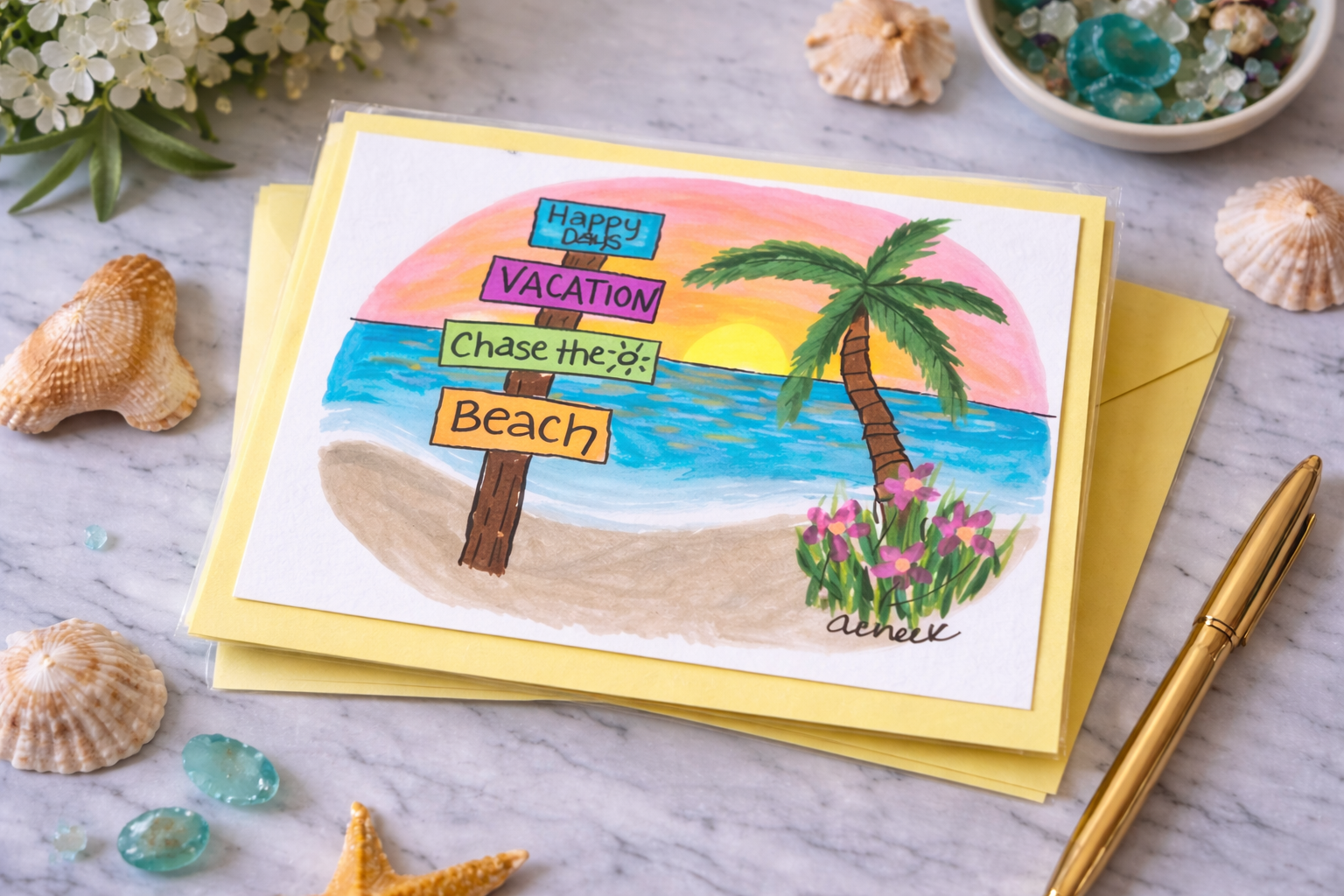 Hand-Painted Greeting Card - Chase the Beach
