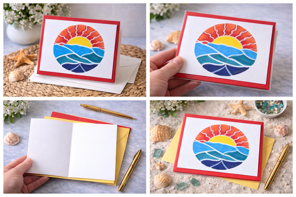 Hand-Painted Greeting Card - Sunset Waves
