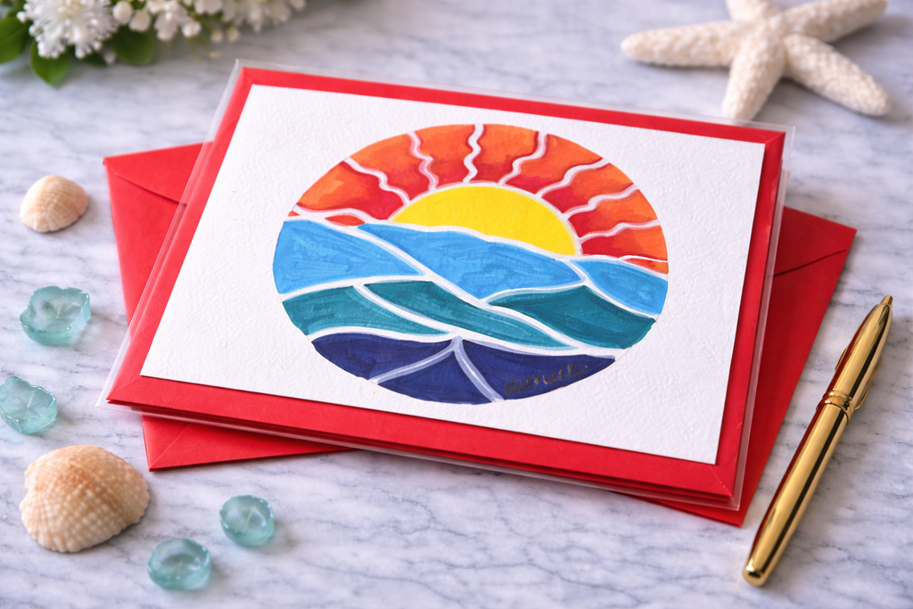 Hand-Painted Greeting Card - Sunset Waves