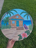 Hand-Painted Wooden Wall Art – Beach Cottage Escape (18” Round)