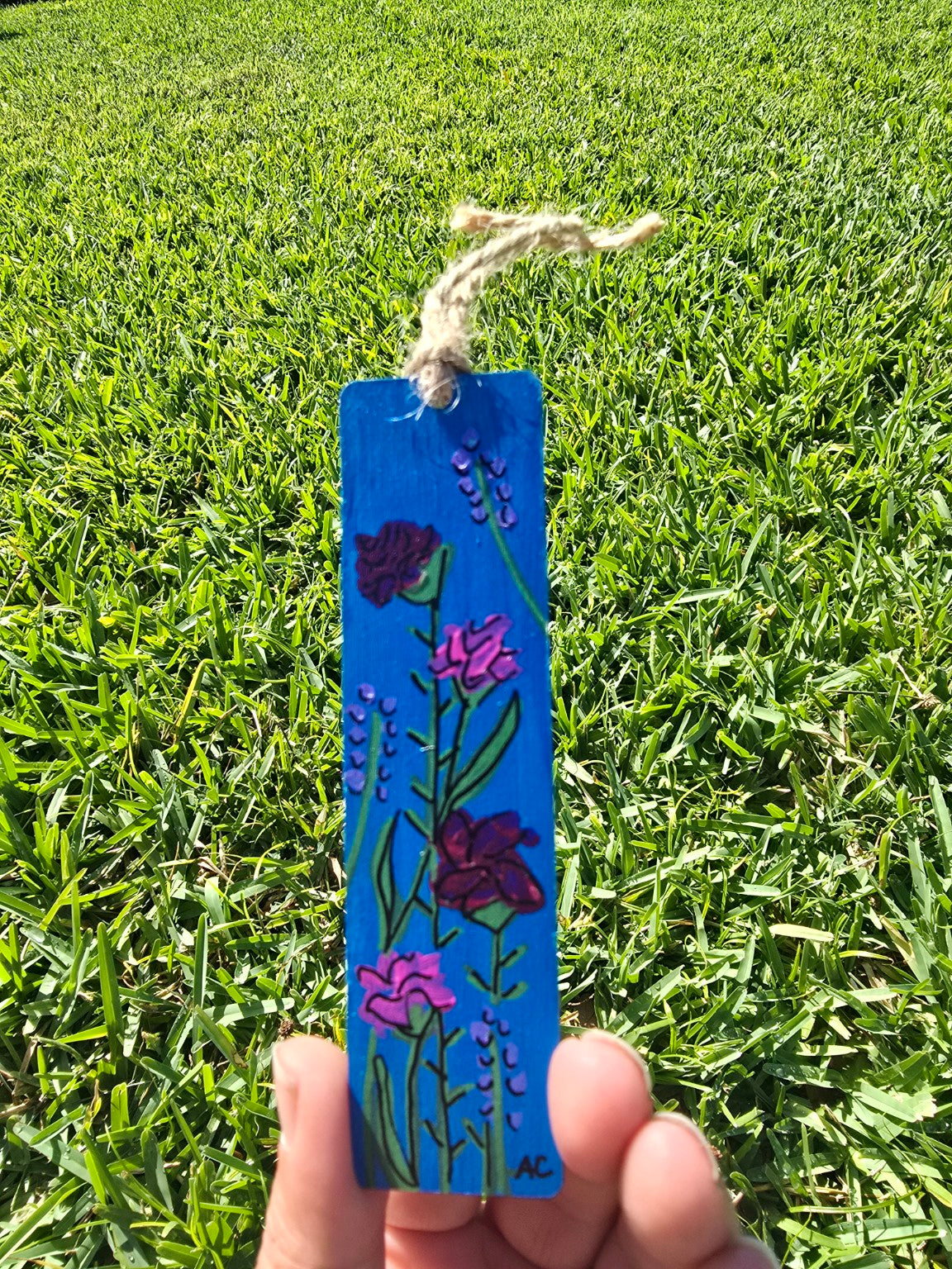 Hand-Painted Floral on Wood - Dark Blue