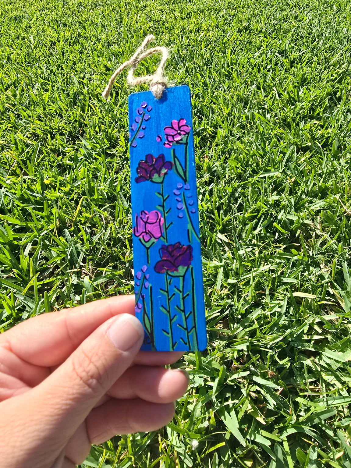 Hand-Painted Floral on Wood - Dark Blue