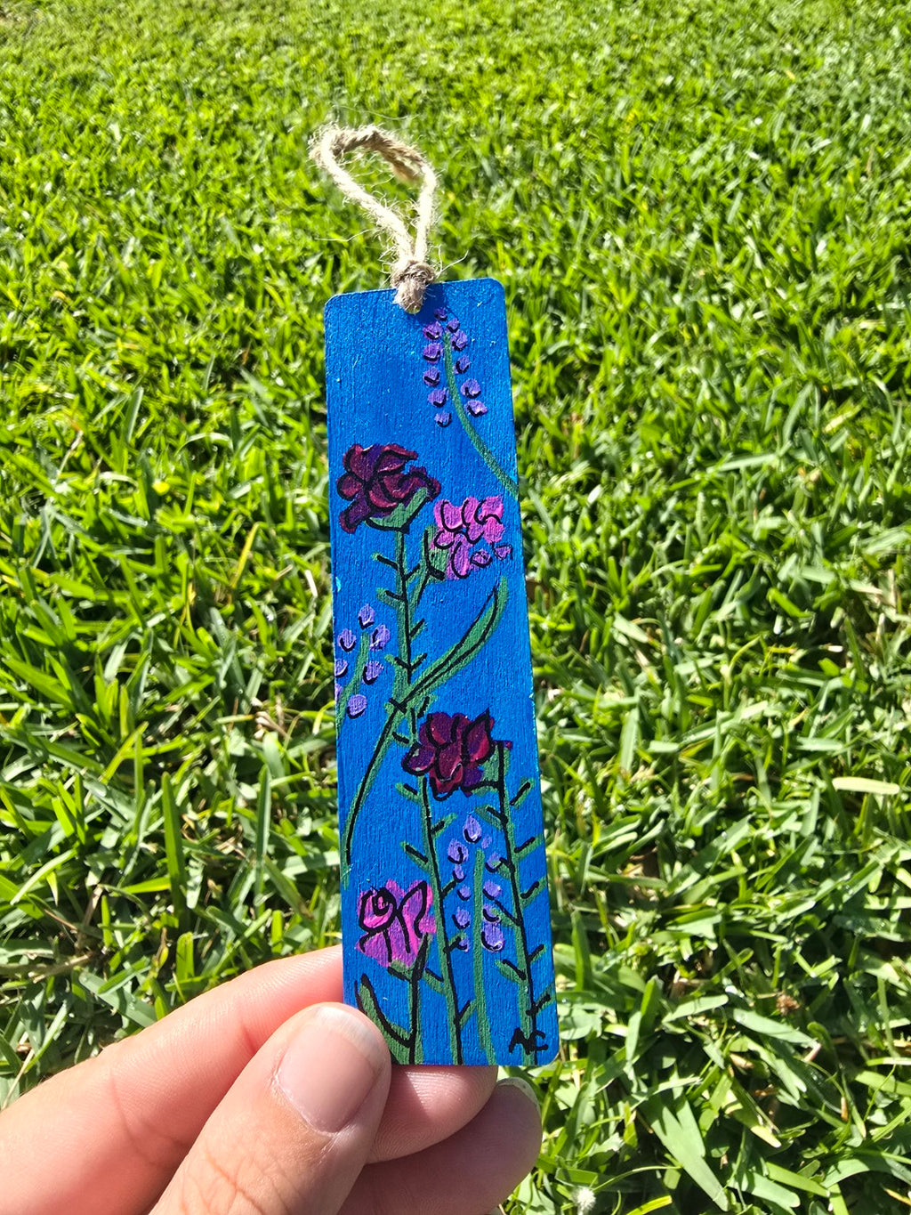 Hand-Painted Floral on Wood - Dark Blue