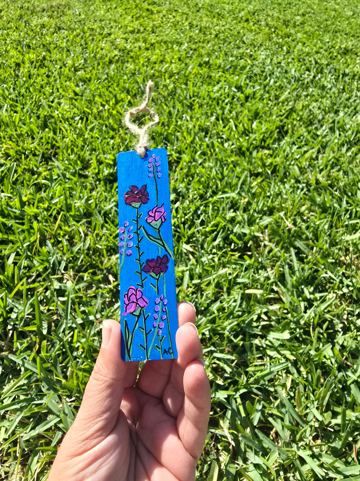 Hand-Painted Floral on Wood - Dark Blue