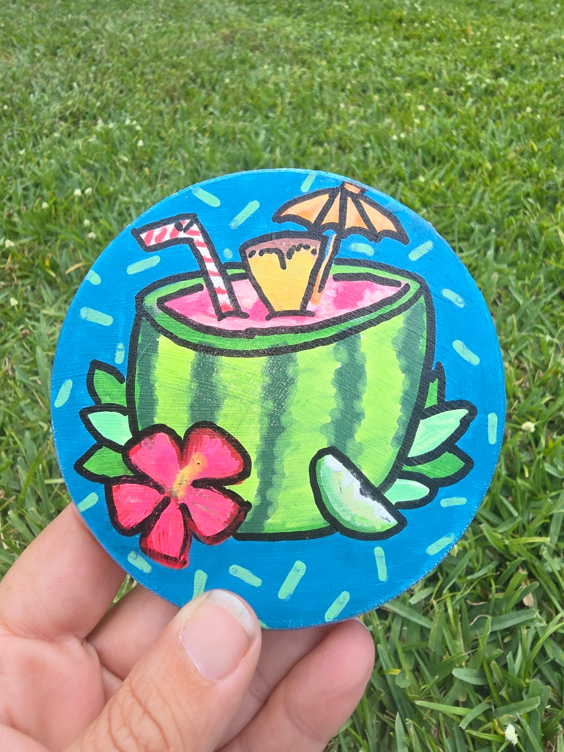 Hand-Painted Coaster – Tropical Watermelon Drink