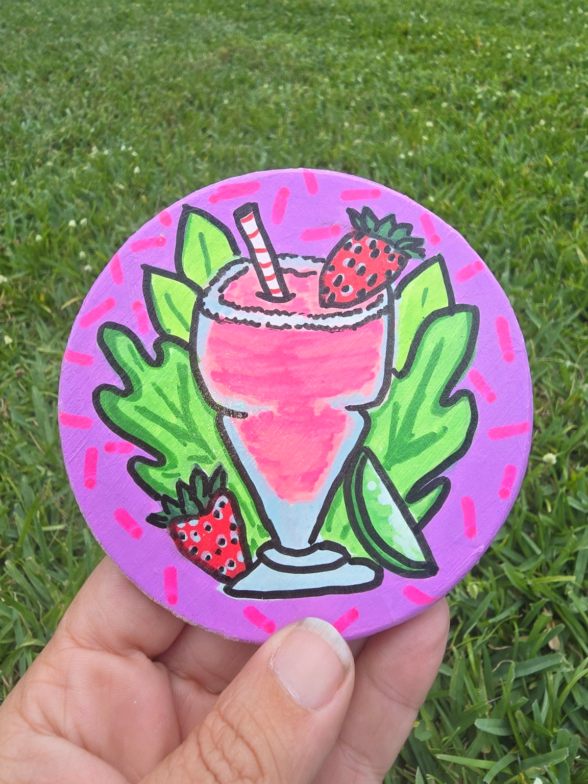 Hand-Painted Coaster – Strawberry Smoothie