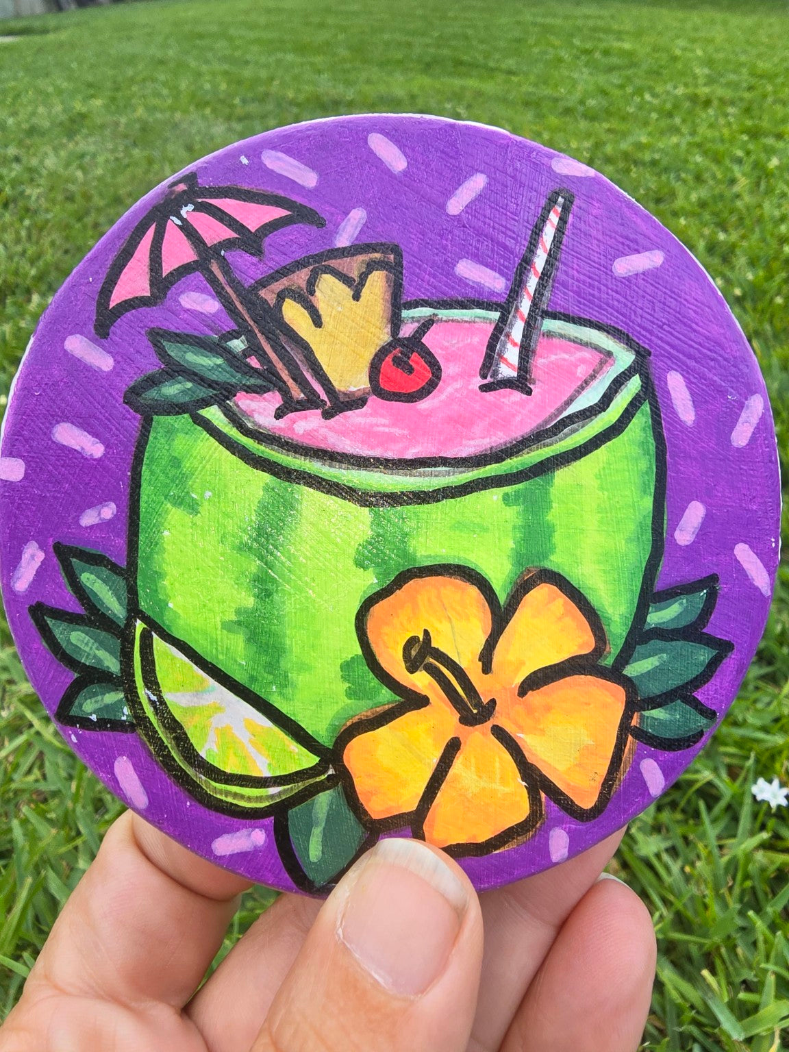 Hand-Painted Coaster – Watermelon Tropical Drink