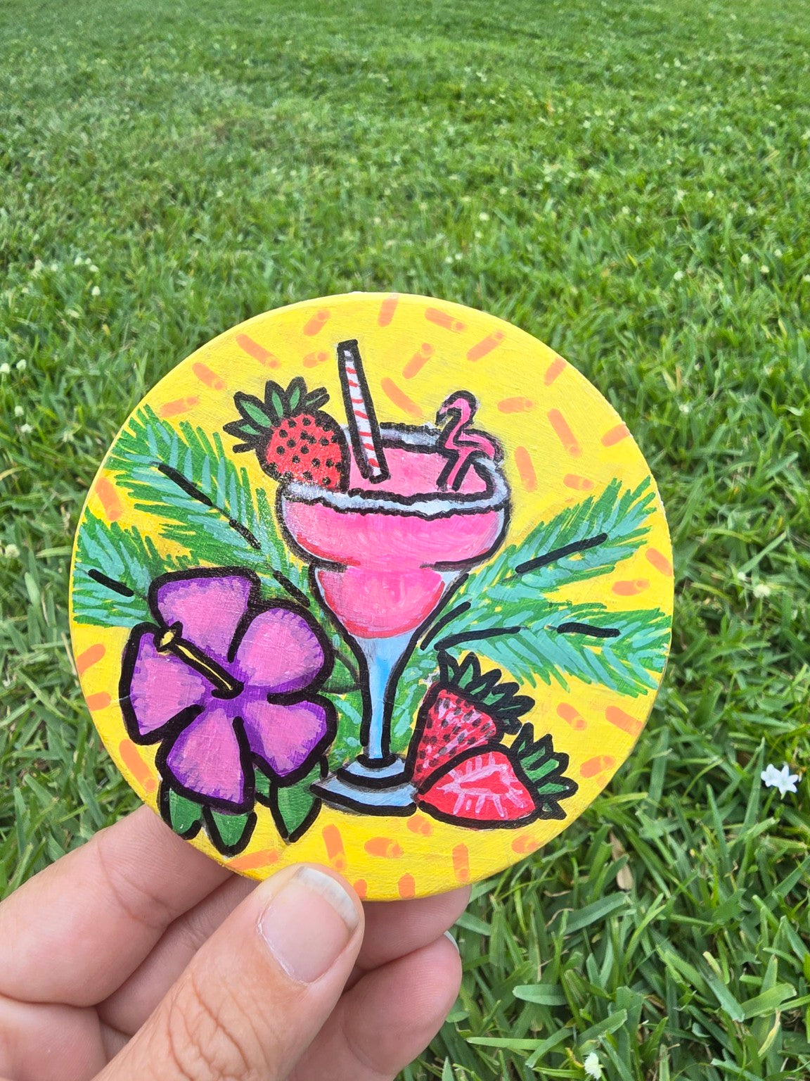 Hand-Painted Coaster – Strawberry Tropical Cocktail