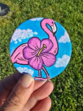 Hand-Painted Circle Magnet – Flamingo Hibiscus Sky