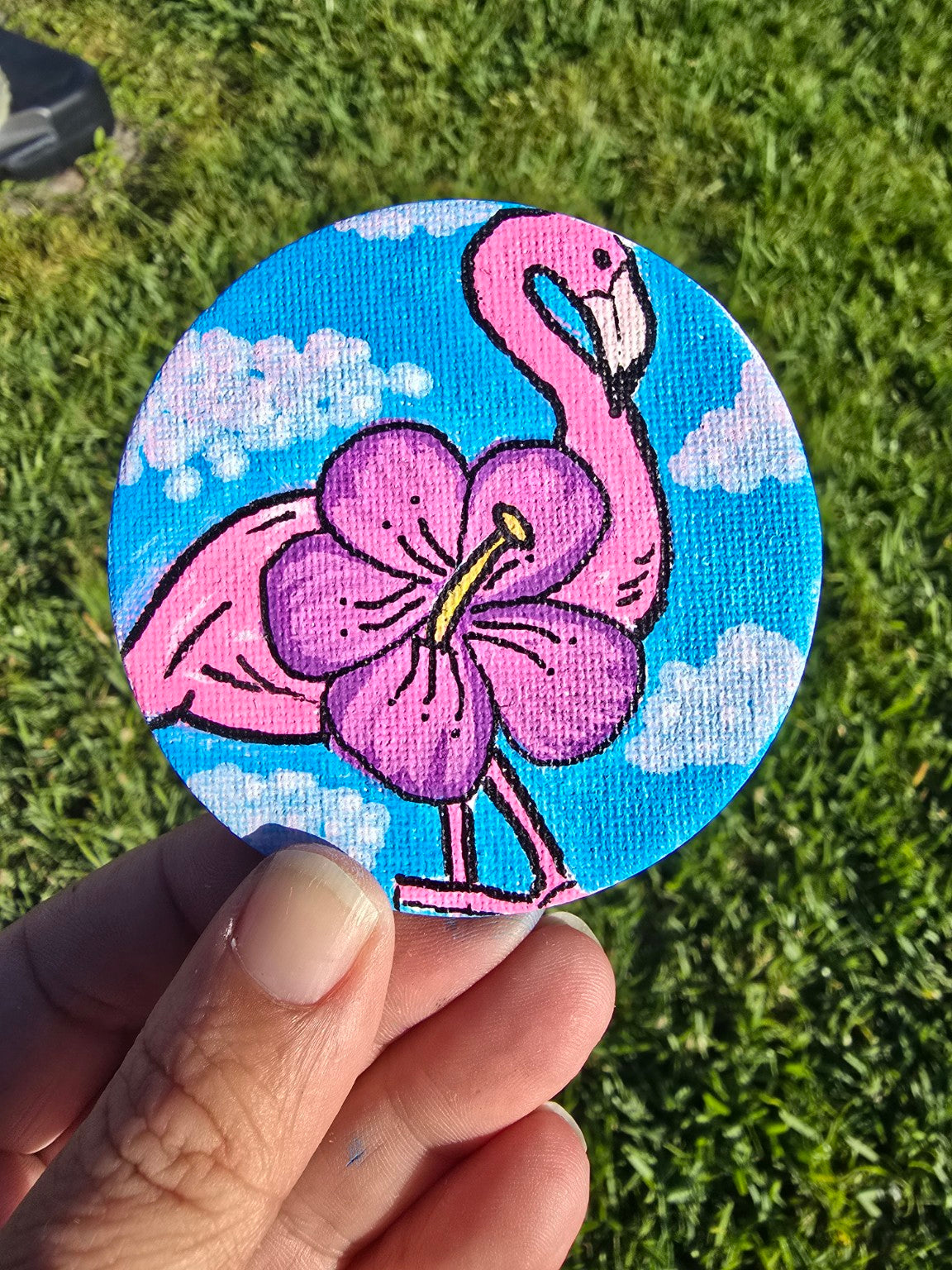 Hand-Painted Circle Magnet – Flamingo Hibiscus Sky