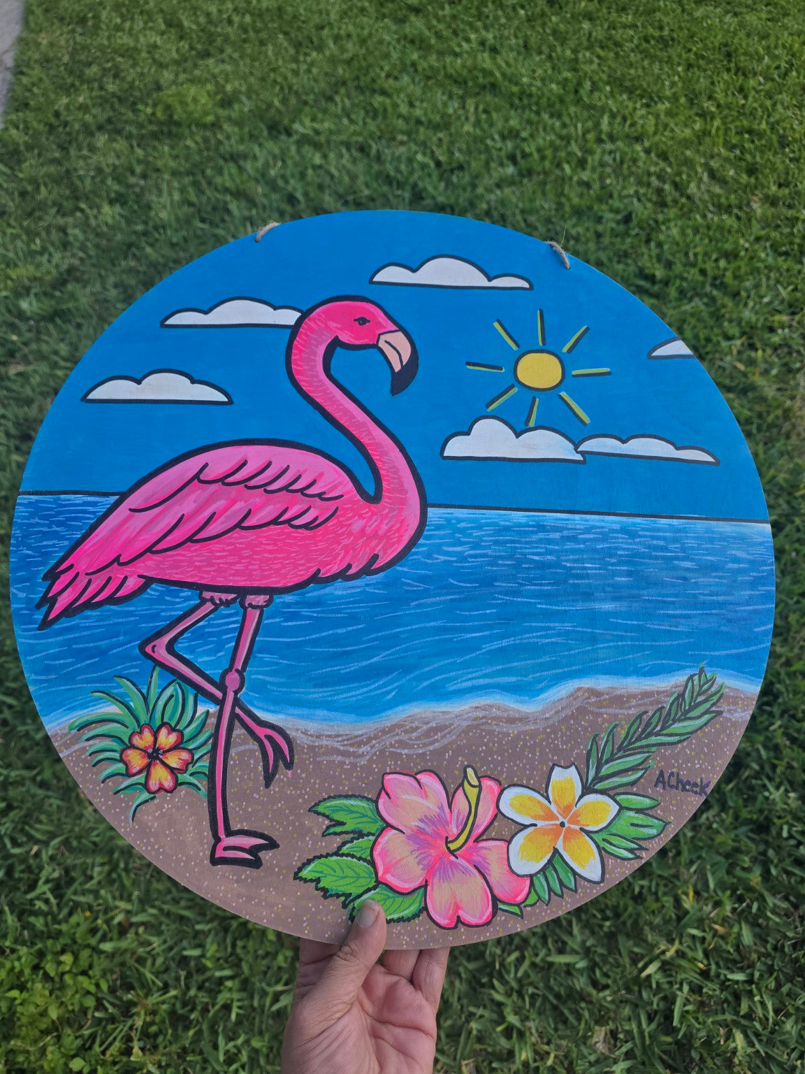 Hand-Painted Wooden Wall Art – Coastal Flamingo (18” Round)