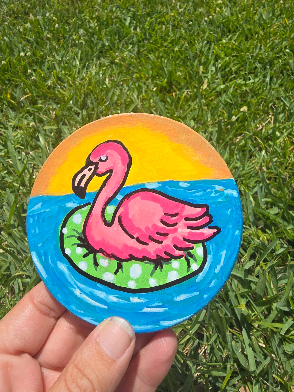 Hand-Painted Coaster – Flamingo Float