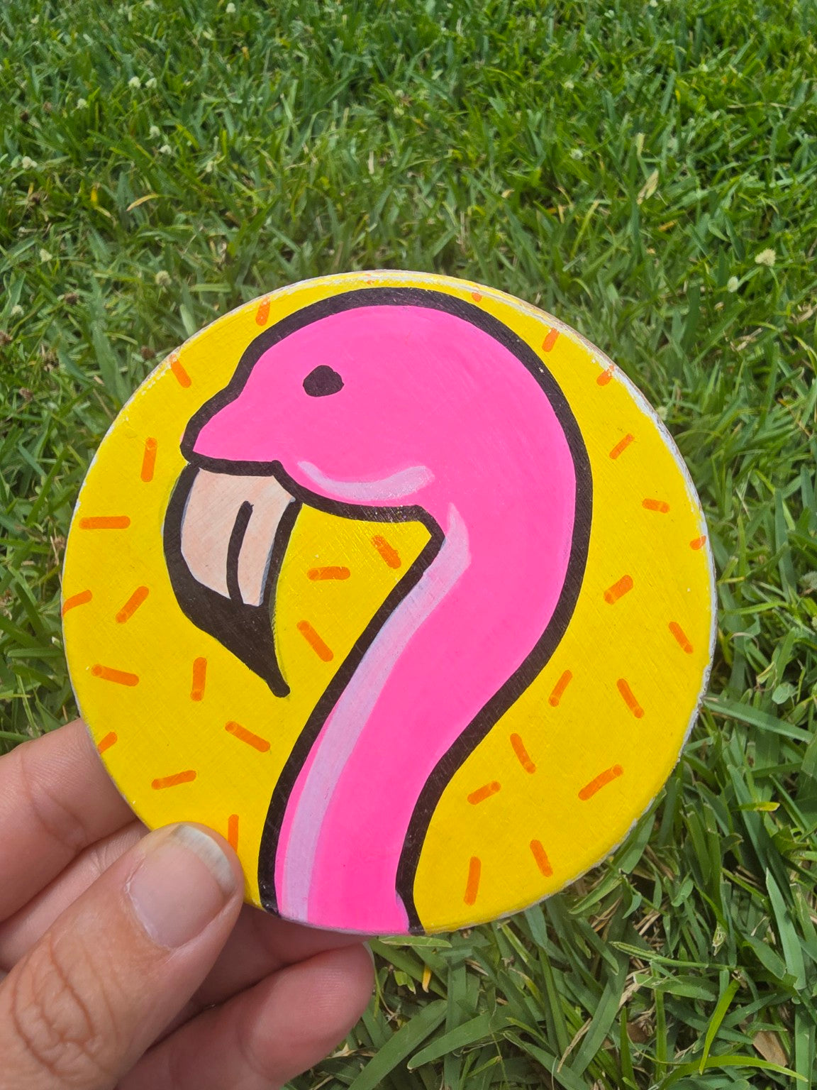 Hand-Painted Coaster – Flamingo (Yellow Pop Design)