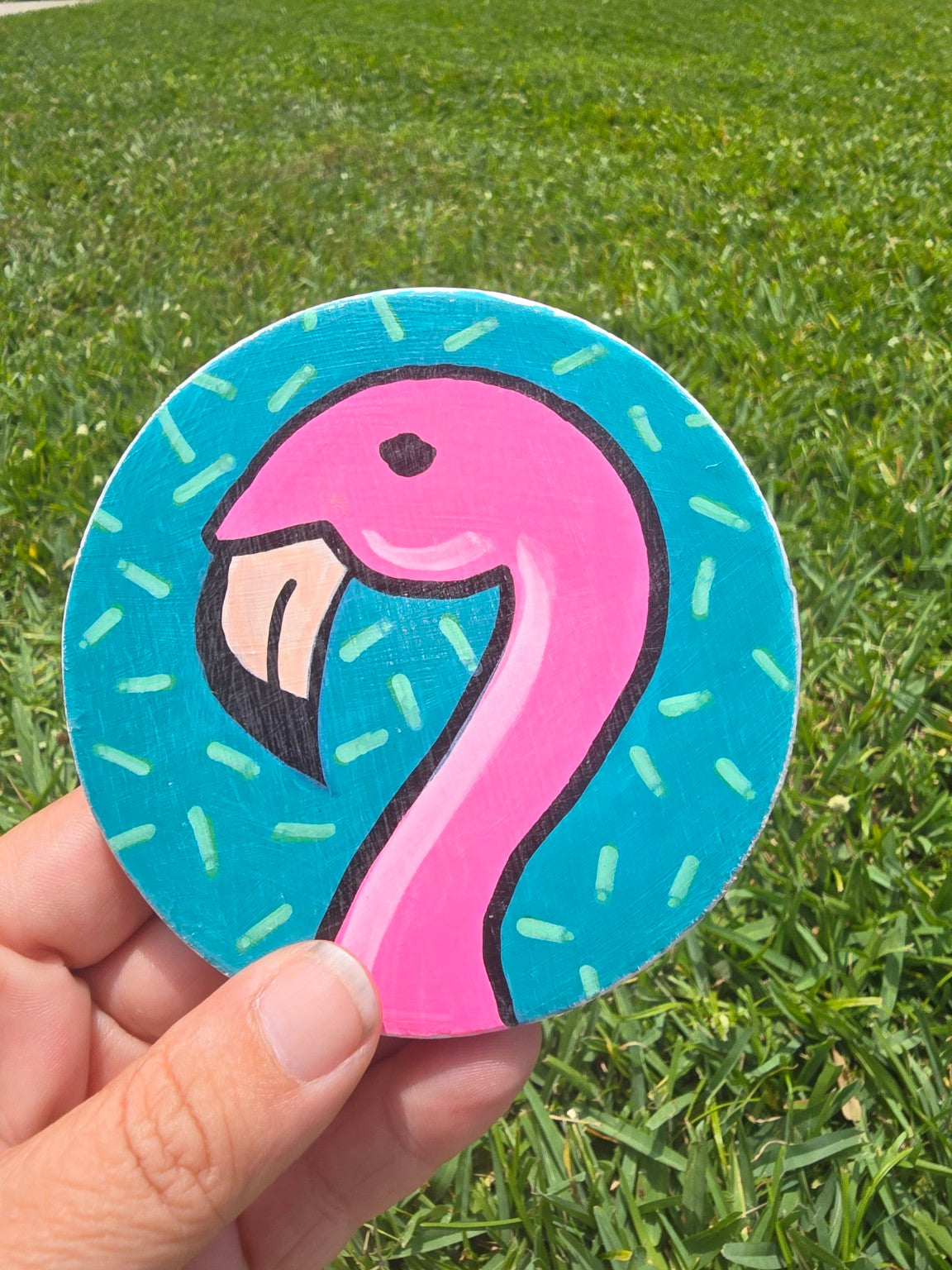 Hand-Painted Coaster – Flamingo (Teal Pop Design)