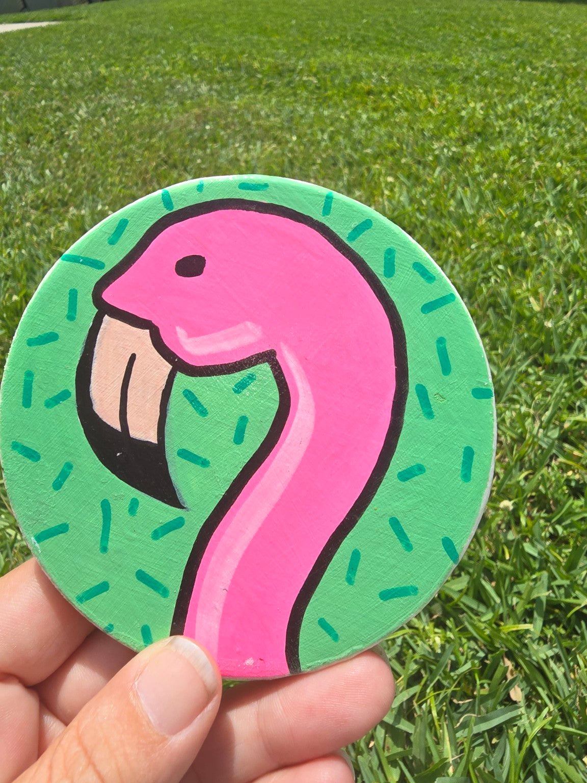 Hand-Painted Coaster – Flamingo (Mint Green Pop Design)