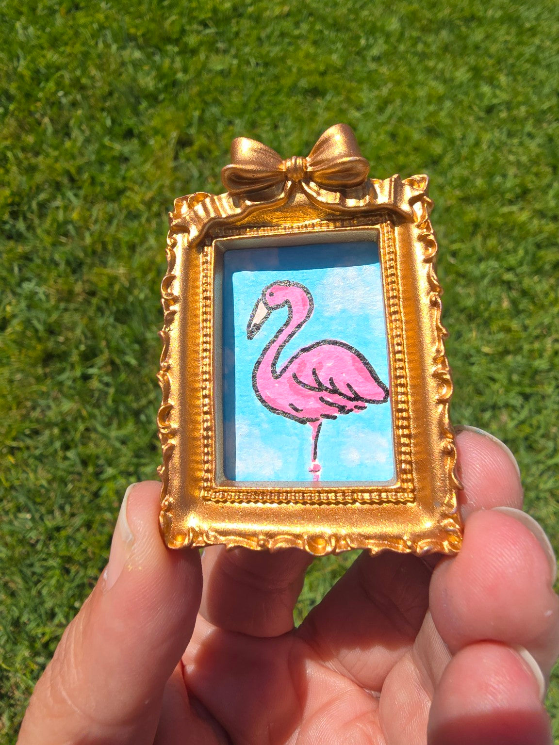 Hand-Painted Framed Magnet – Flamingo Portrait