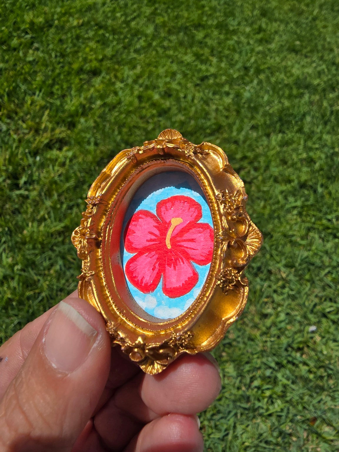 Hand-Painted Framed Magnet – Red Hibiscus Bloom
