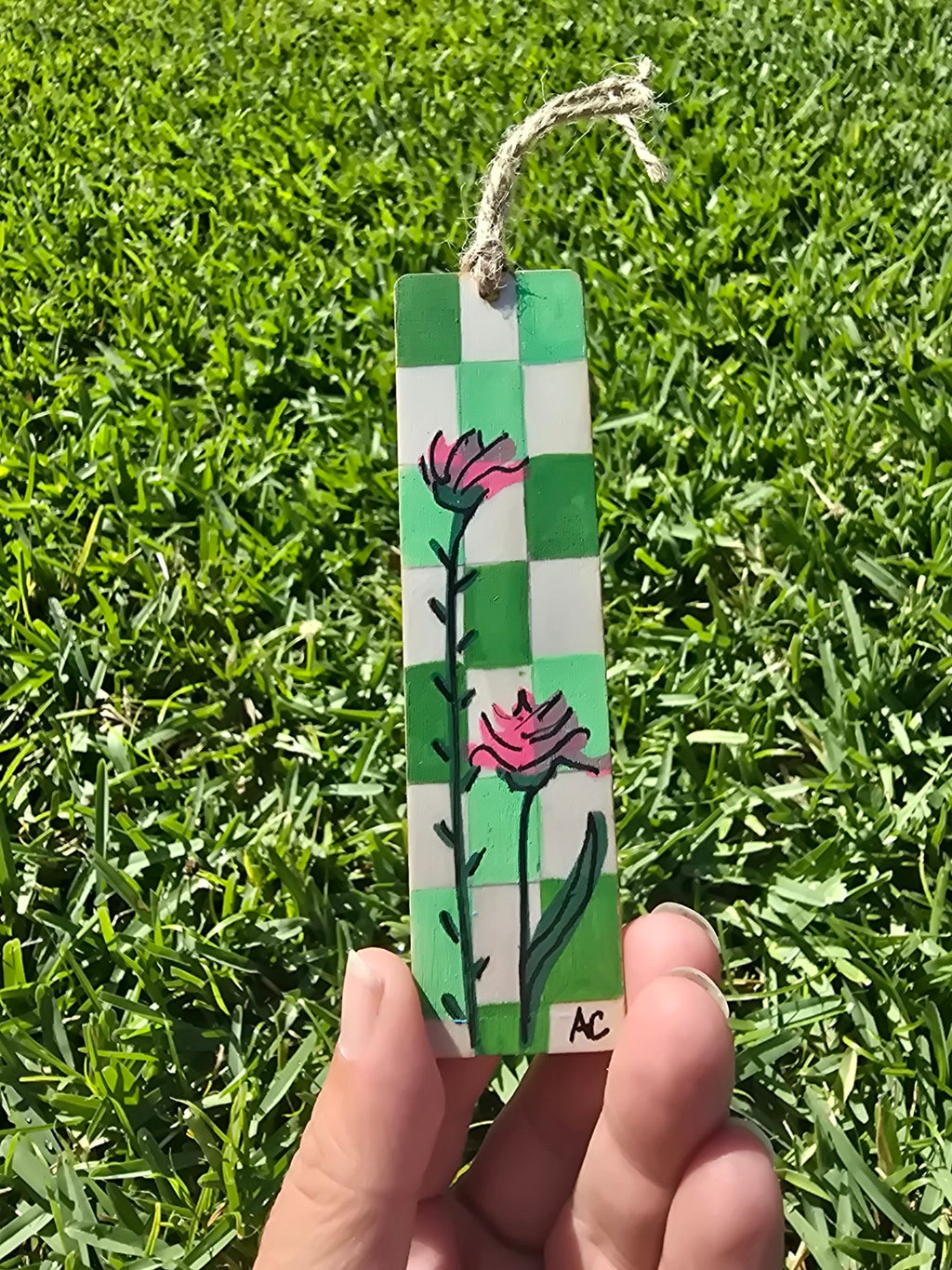 Hand-Painted Floral on Wood -  Green Checkered