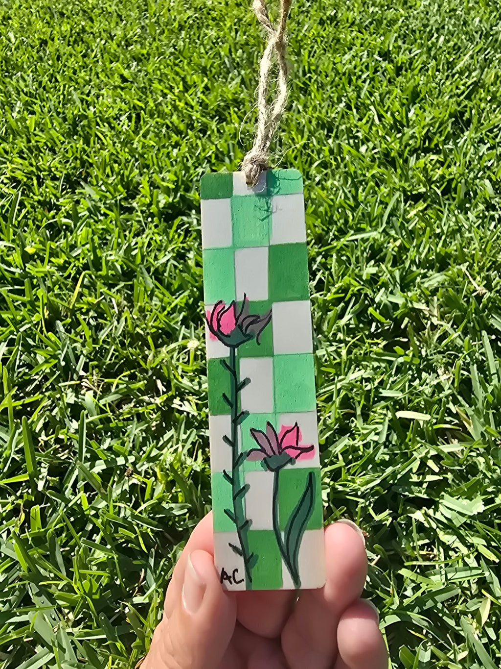 Hand-Painted Floral on Wood -  Green Checkered