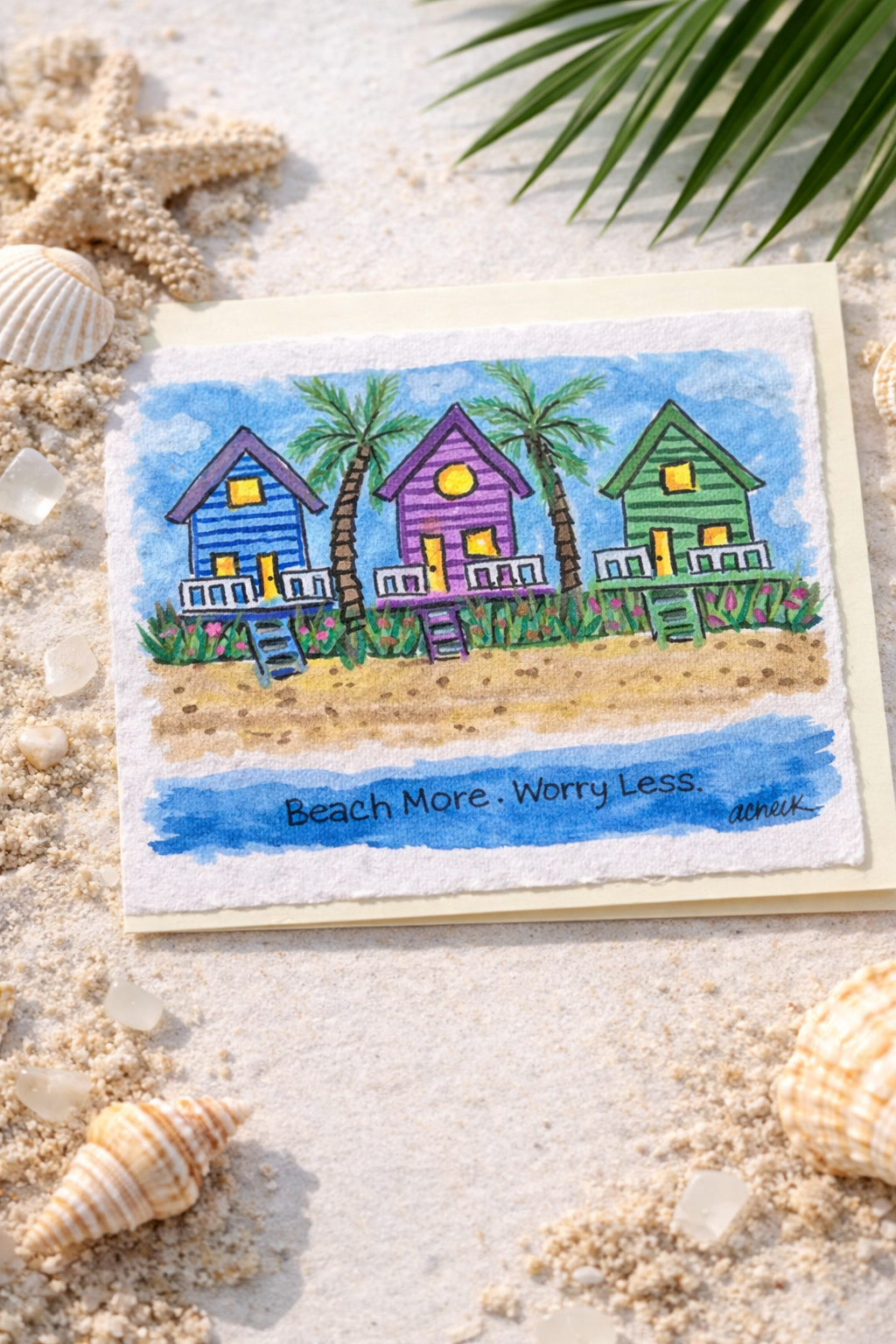 Hand-Painted Greeting Cards - Beach more, Worry Less Coastal Cottage