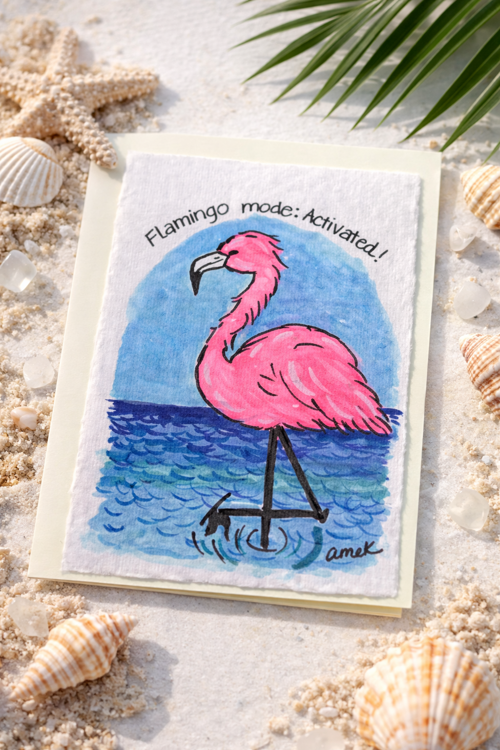 Hand-Painted Greeting Card - Flamingo Mode: Activated