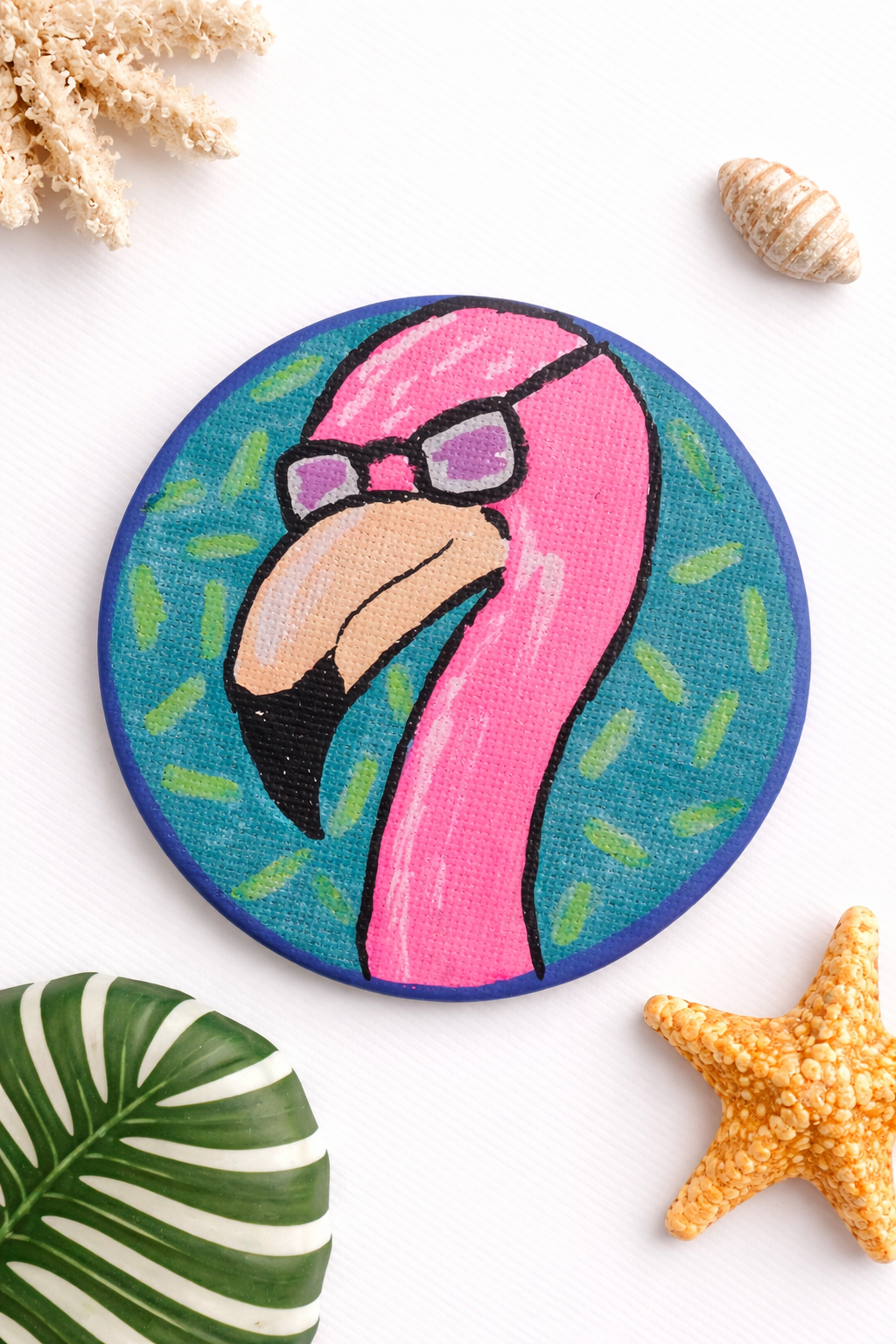 Hand-Painted 3" Circle Magnet - Cool Famingo