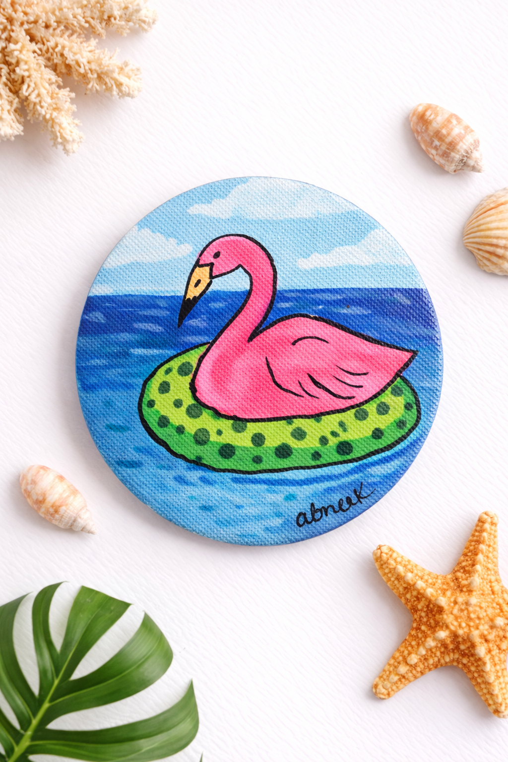 Hand-Painted 3" Circle Magnet - Flamingo Float