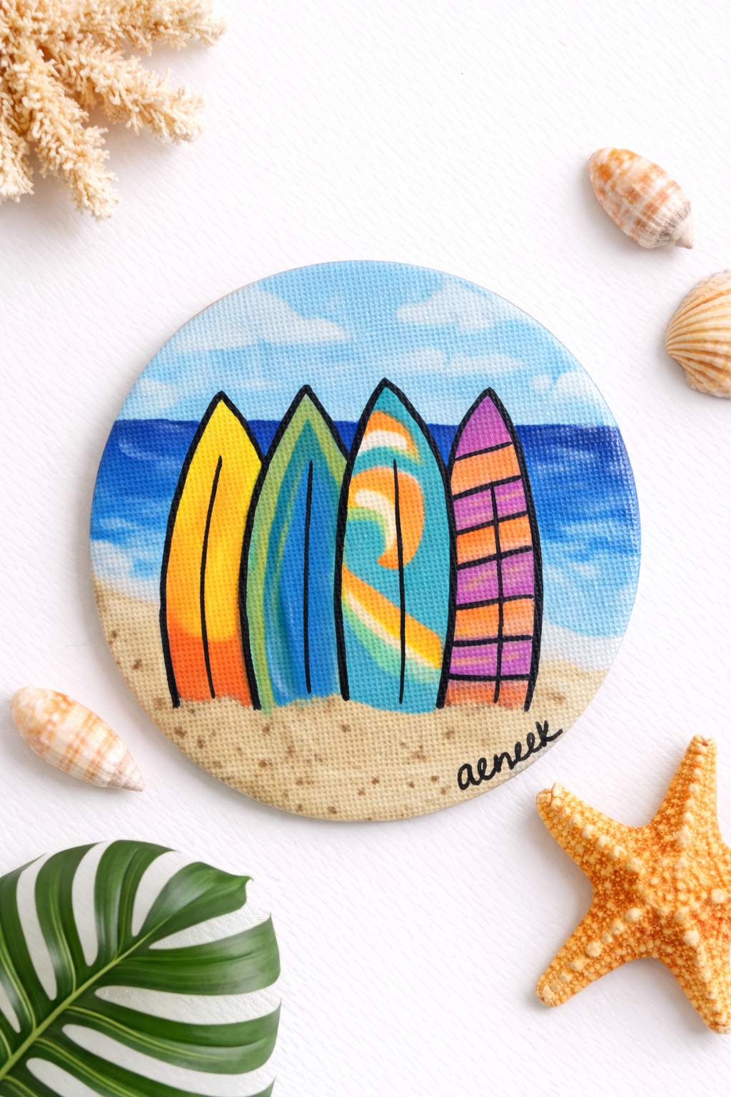 Hand-Painted 3" Circle Magnet - Surfboards