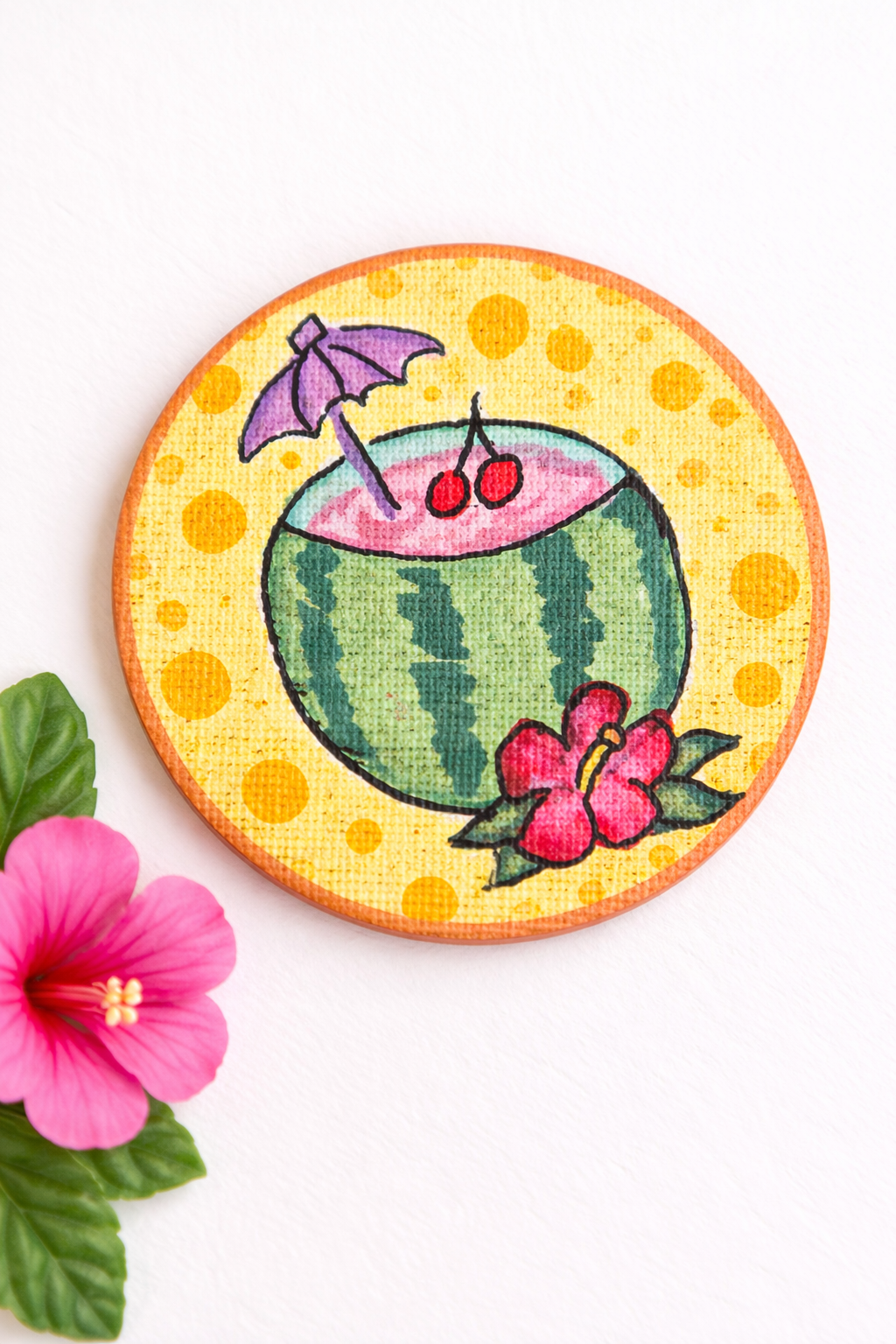 Hand-Painted 3" Circle Magnet - Watermelon Cocktail