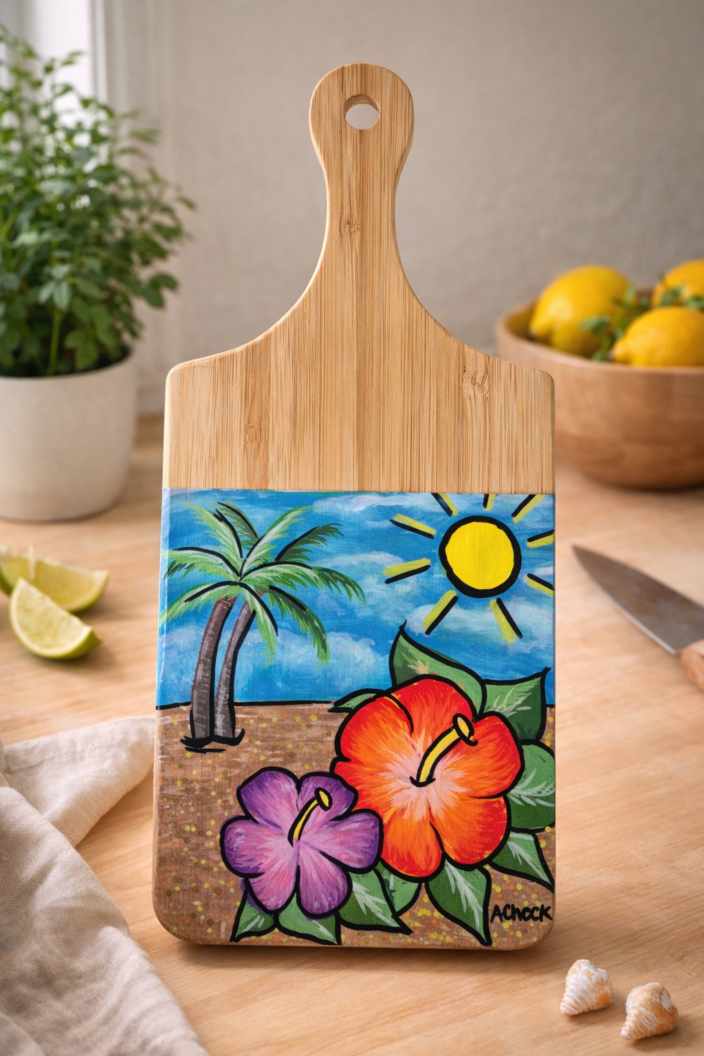 Hand-Painted 11" Wooden Cutting Board - Hibiscus