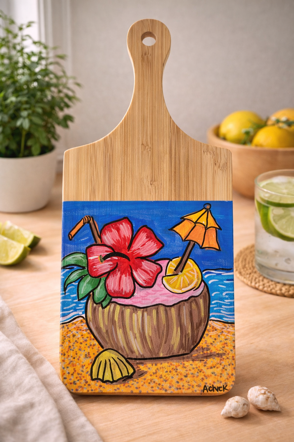 Hand-Painted 11" Wooden Cutting Board - Tropical Drink