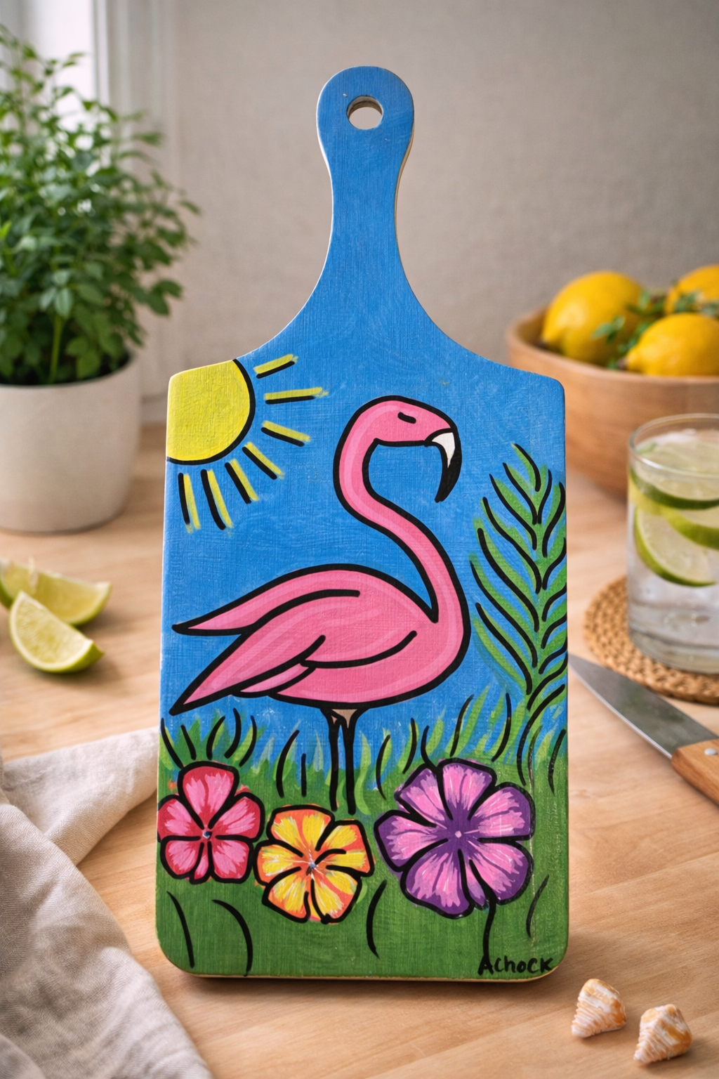 Hand-Painted 11" Wooden Cutting Board - Flamingo