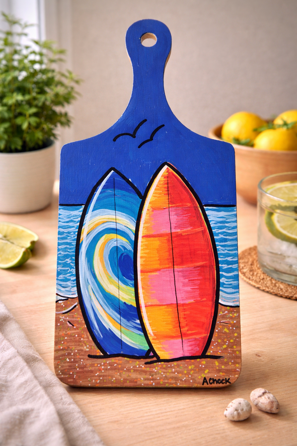 Hand-Painted 11" Wooden Cutting Board - Surfboard