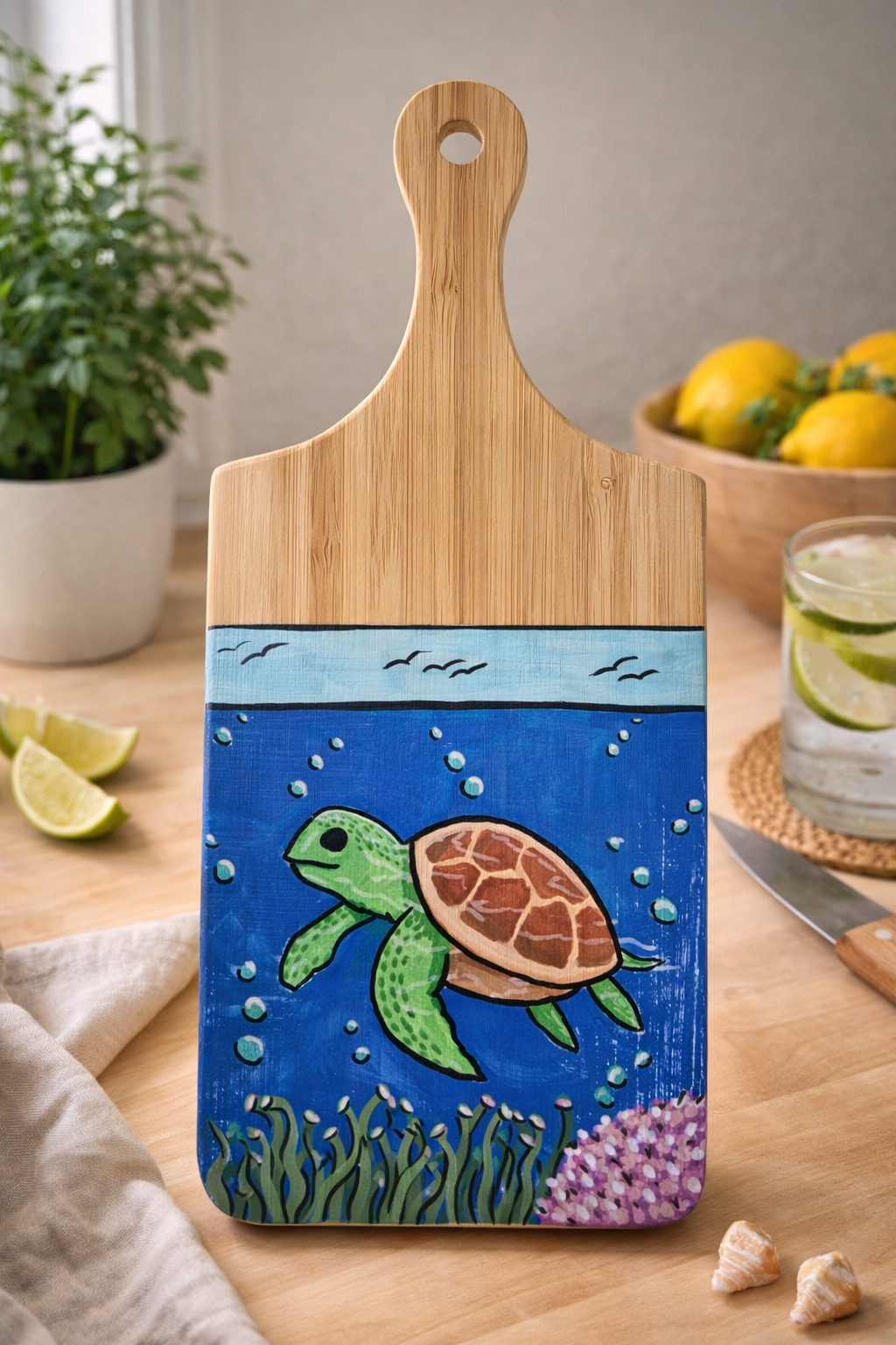 Hand-Painted 11" Wooden Cutting Board - Turtle