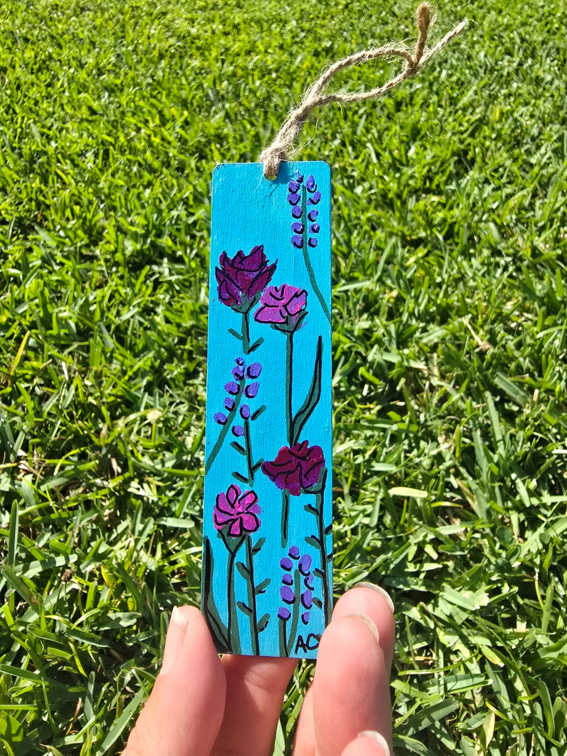 Hand-Painted Floral on Wood - Sky Blue