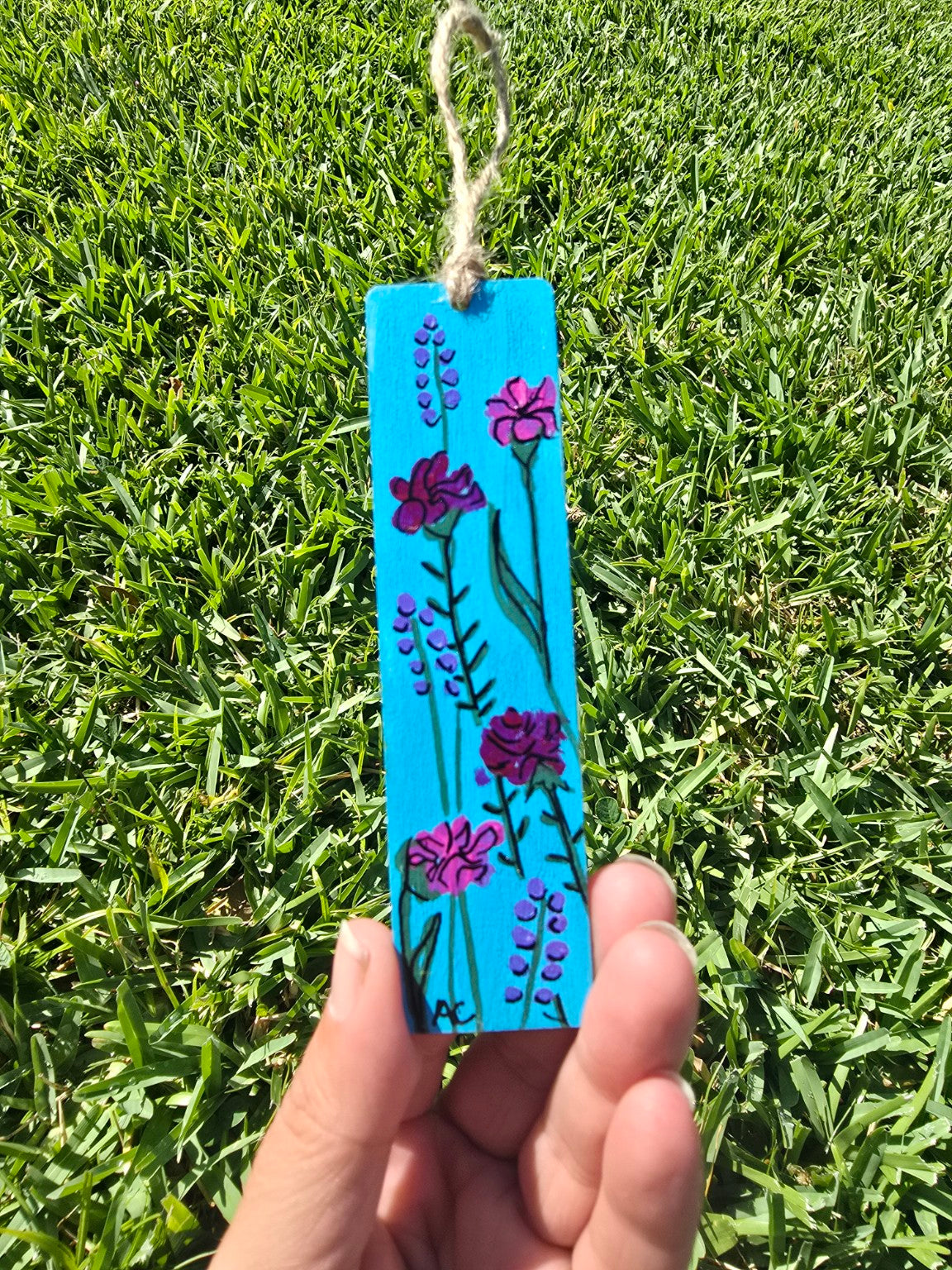 Hand-Painted Floral on Wood - Sky Blue