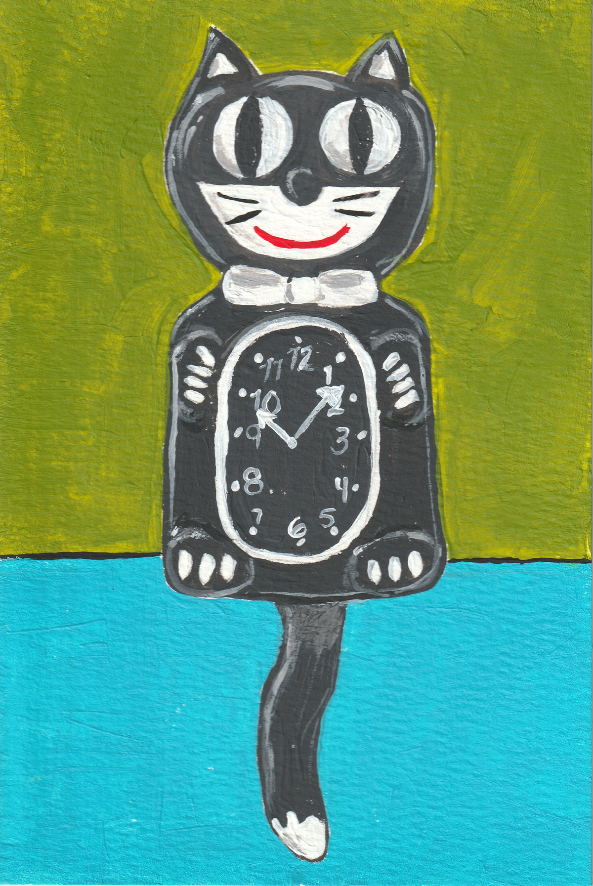 Retro Cat Clock – Original 4x6 Painting | 100 Lil Cheeky Paintings #10
