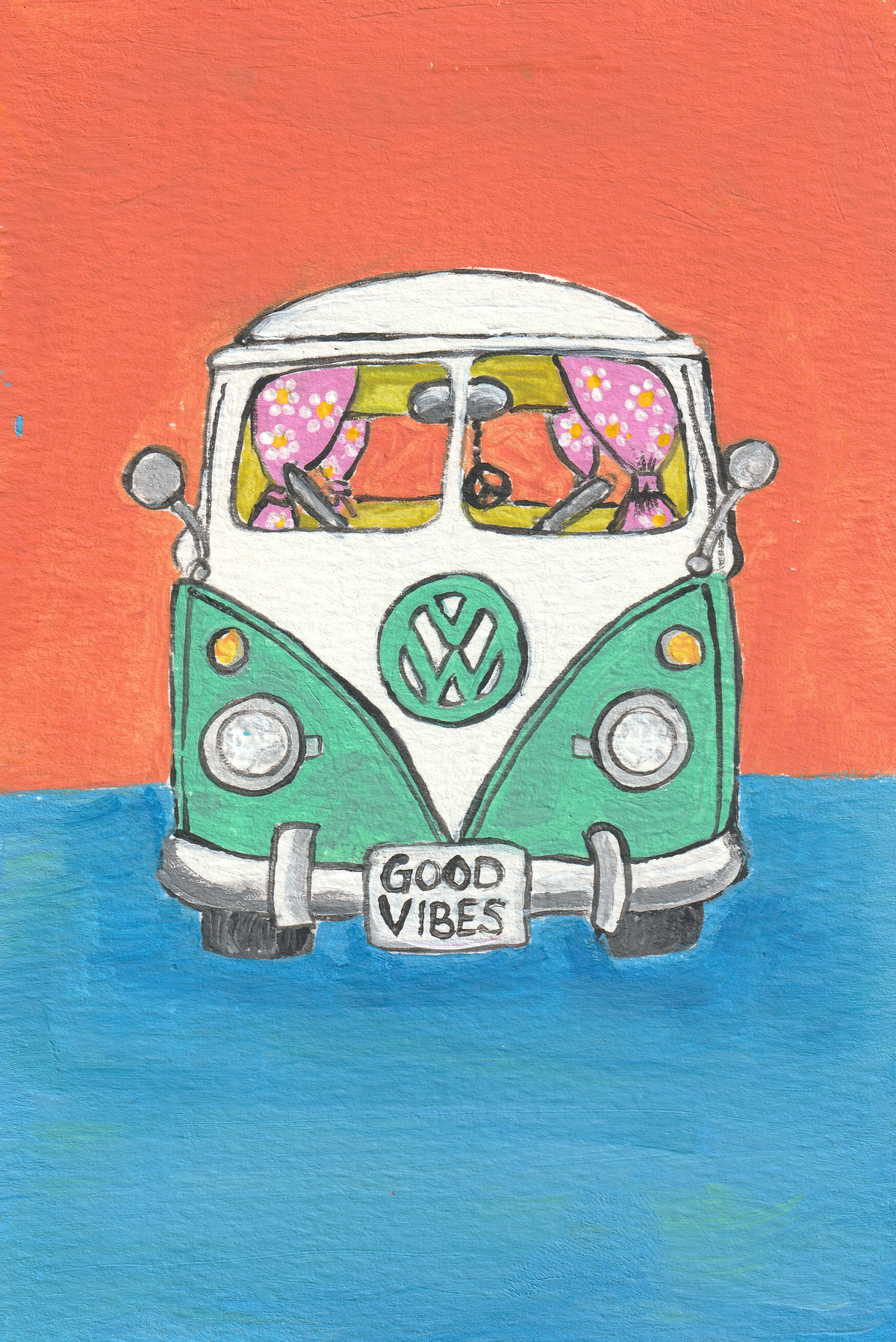 Good Vibes VW Bus – Original 4x6 Painting | 100 Lil Cheeky Paintings #21